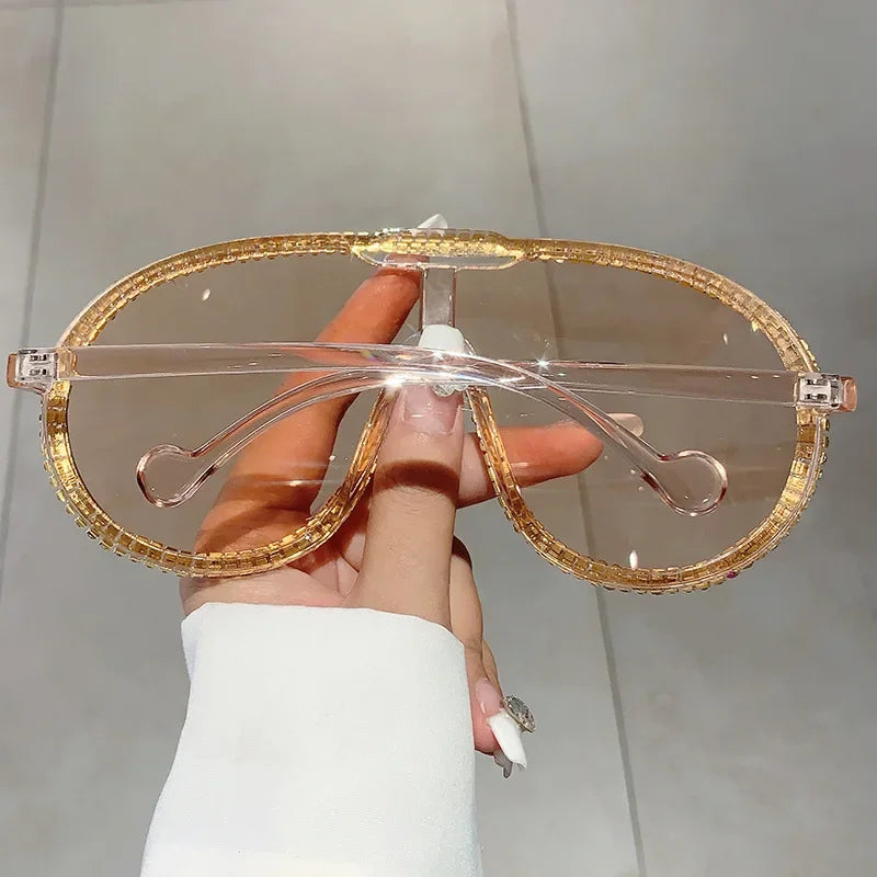 Pilot Sunglasses Women For Female Luxury Brand Designer Oversized Sun Glasses Vintage Big Frame One Piece Diamond Crystal Shades