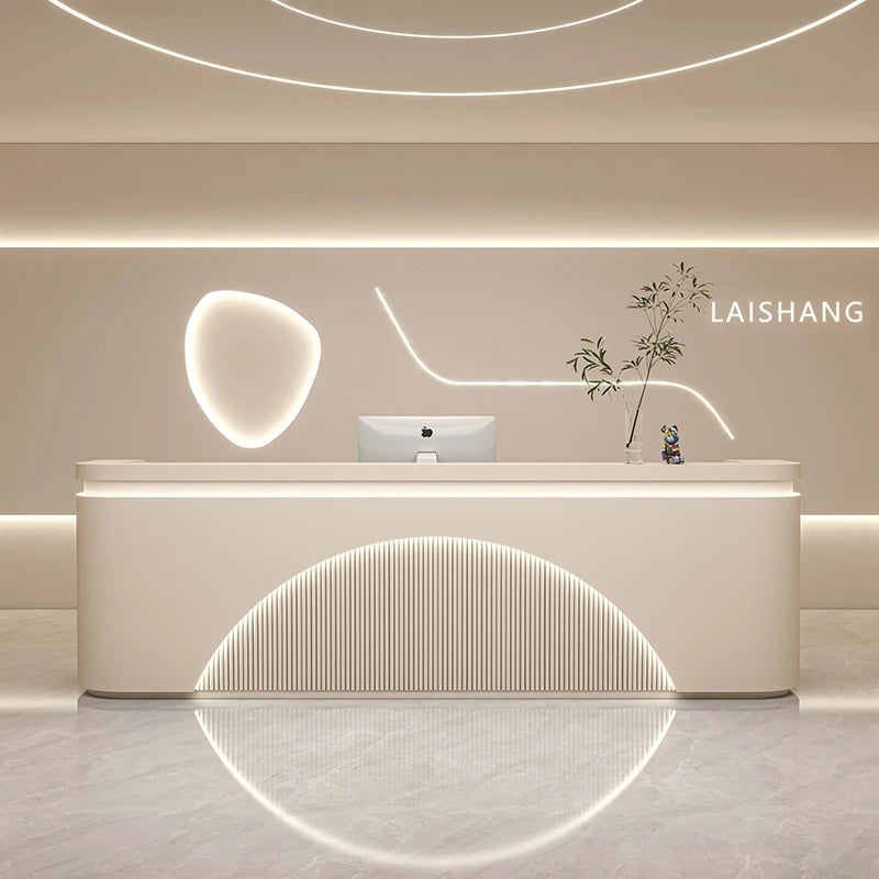 Unique White Reception Desks Organizers Display Drawer Led Lights Reception Desks Aesthetic Modern Bureau Commercial Furniture - Kimlud