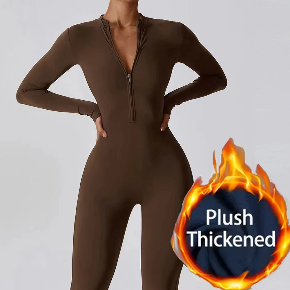 Warm Longsleeve Jumpsuts Women Thickened Sport Overalls Gym Set Zipper Fitness Bodysuits Winter Jumpsuit Workout Tracksuit - Kimlud