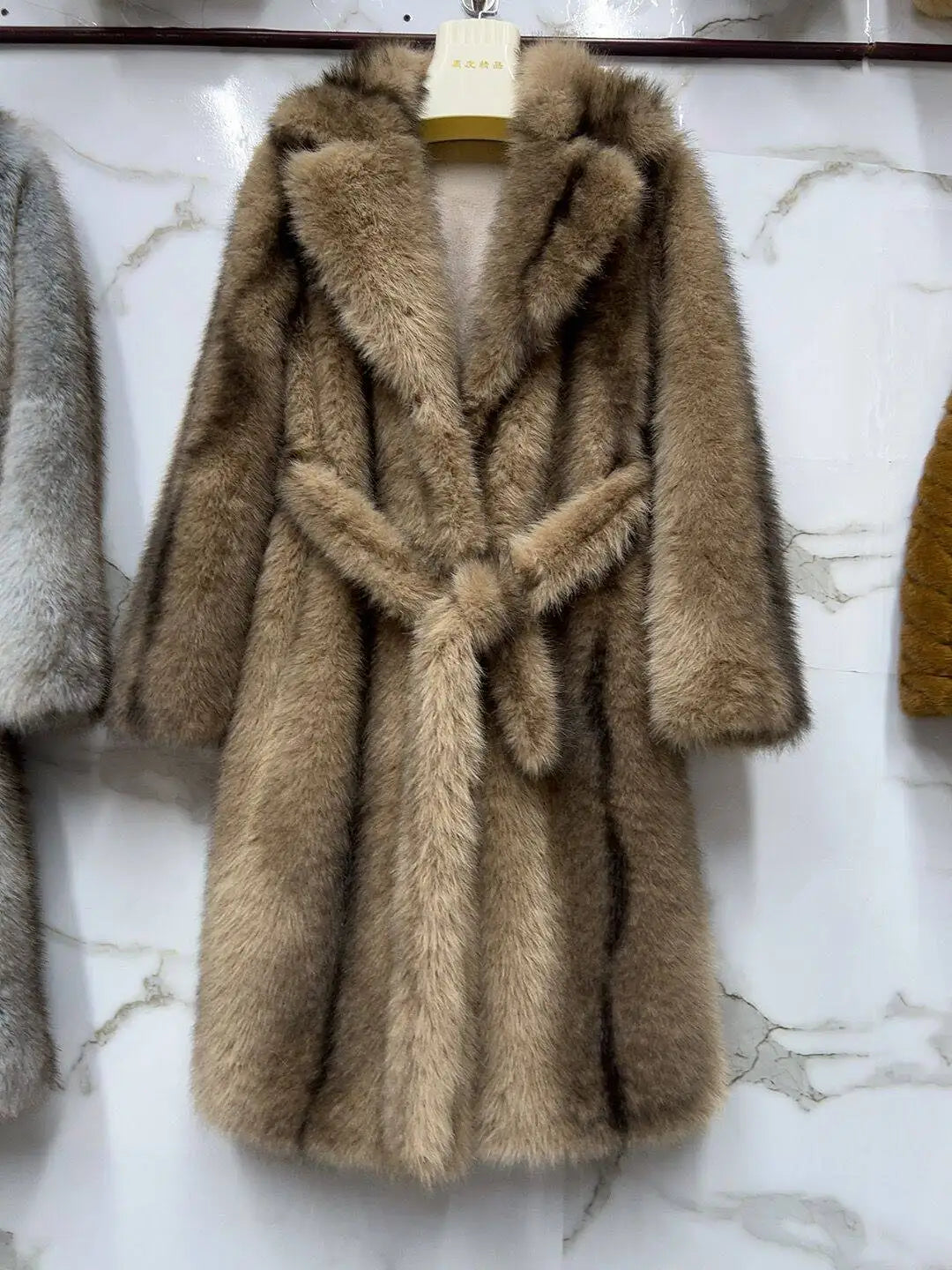 LHXDW New Style Women's Faux Fur Coat Long Waistband Design New Style with Black Imprint and Large Collar Faux Fur Jacket - Kimlud