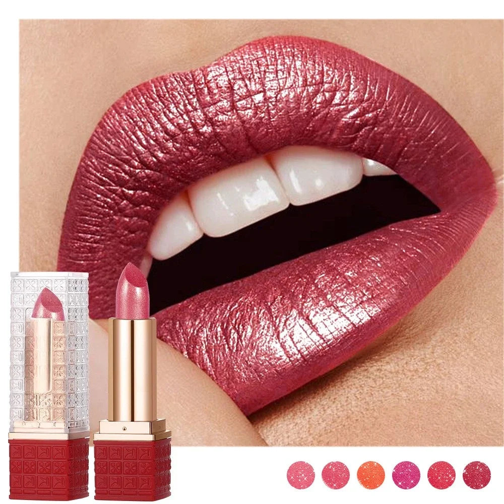 Rose Metallic Lipstick Glitter Lip Glaze Waterproof Long Lasting Moisturize Bright Red Pearlescent Shiny Lipgloss Makeup 6color
