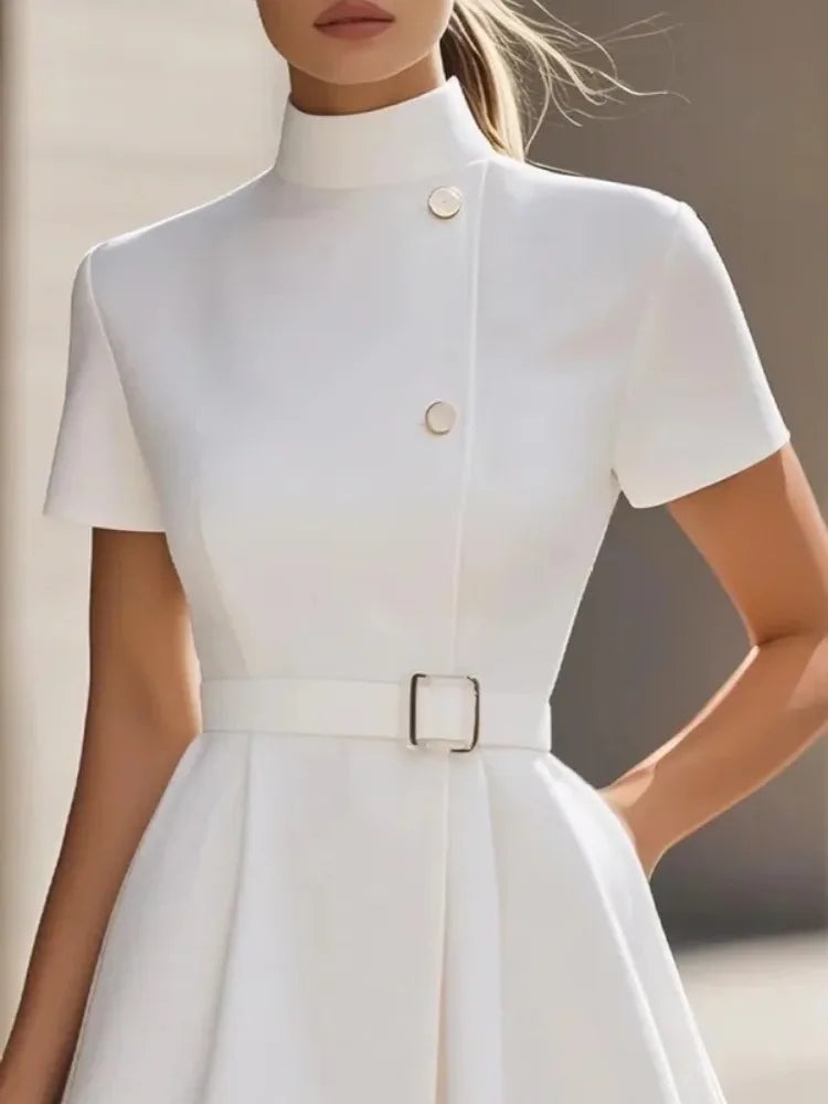 Yeezzi 2025 New Women's White High-Neck Belted Pleated A-Line Dress Short Sleeves Buttoned Pockets Elegant Party Mini Dresses