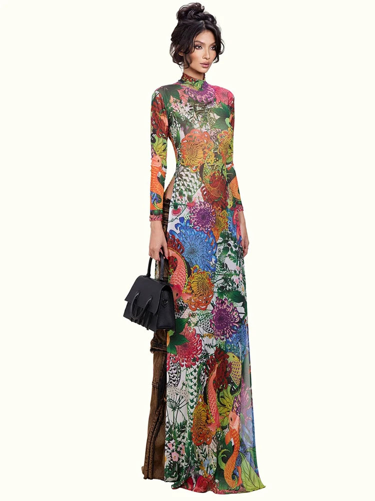 Whatiwear Spring Trend T-Shirts Woman Splits Hem Colorful Flower Extended Print o-Neck Full Sleeve High Waist Elegant...