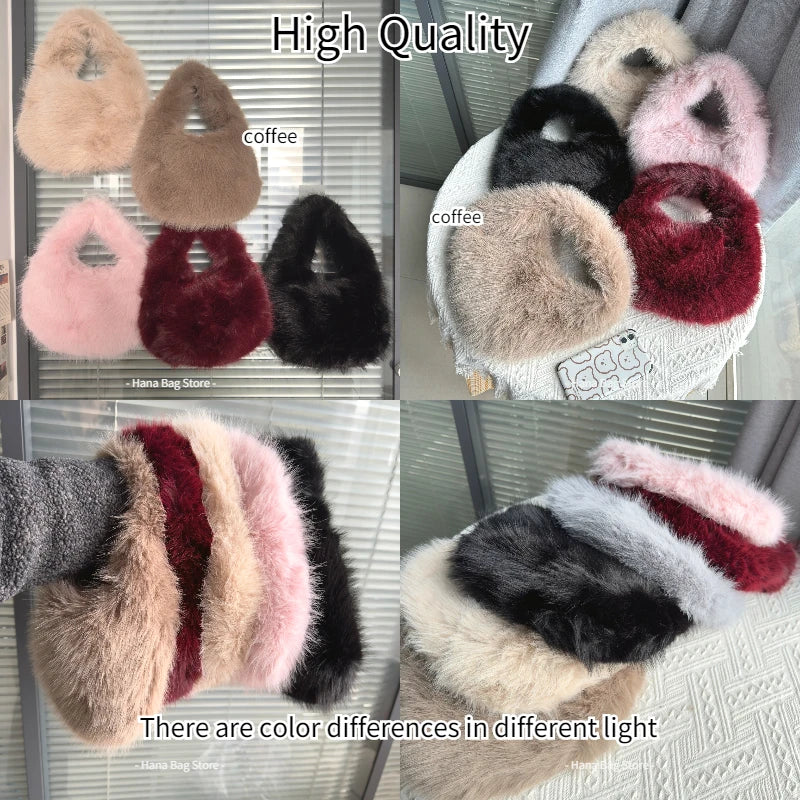 Winter Casual Furry Shoulder Bags for Women Solid Color Soft Plush Ladies Clutch Purse Handbags Lightweight Female Hobos Bag