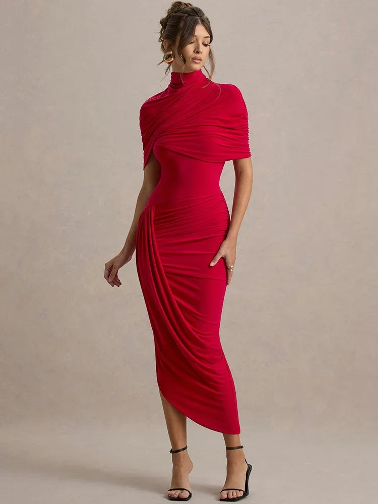 Half Sleeve Backless Ruched Sexy Maxi Dress Women Summer New Turtleneck Slim High Waist Evening Club Party Long Dress