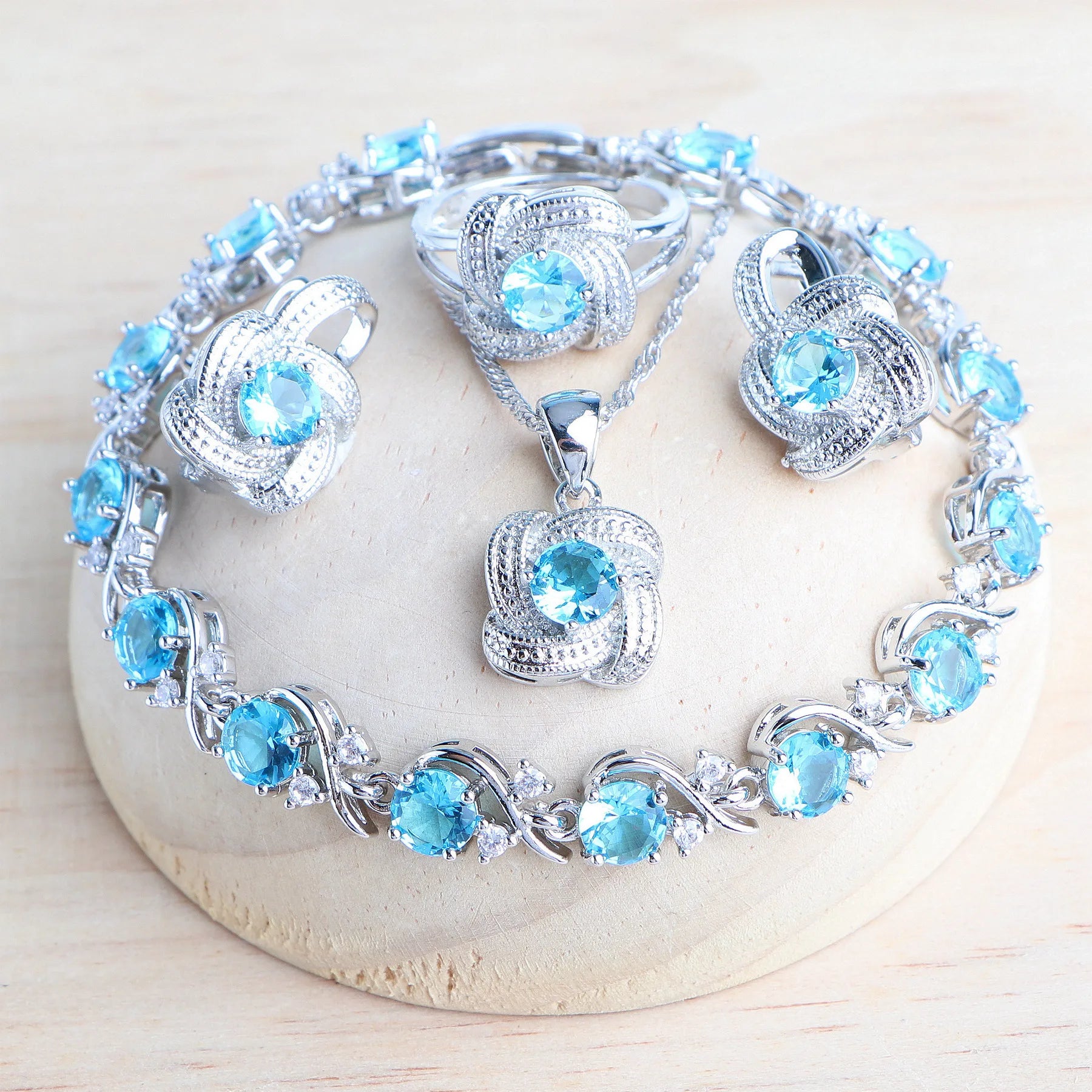 Blue Zirconia Women Jewelry Sets 925 Sterling Silver Wedding Bridal Costume Jewellery Earrings Rings Bracelets Pendant...