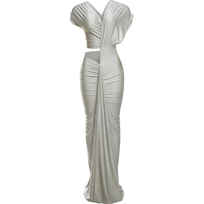 Nibber Irregular Hollow Dress Women Ruched Diagonal Collar Shorts Sleeve Waistless Slits Street Trend Temperament Long Bodycon