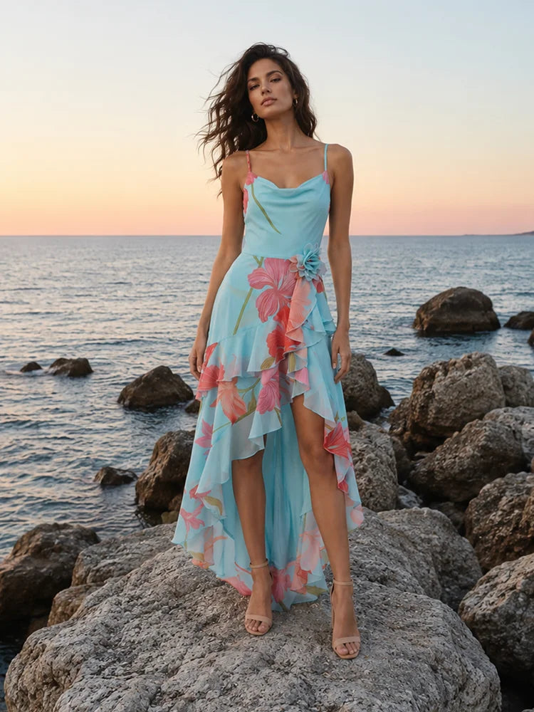 Sexy Spaghetti Strap Floral Printed Split Ruffles Long Dress Women Sleeveless Backless 3D Flower Dresses Summer Holiday Party
