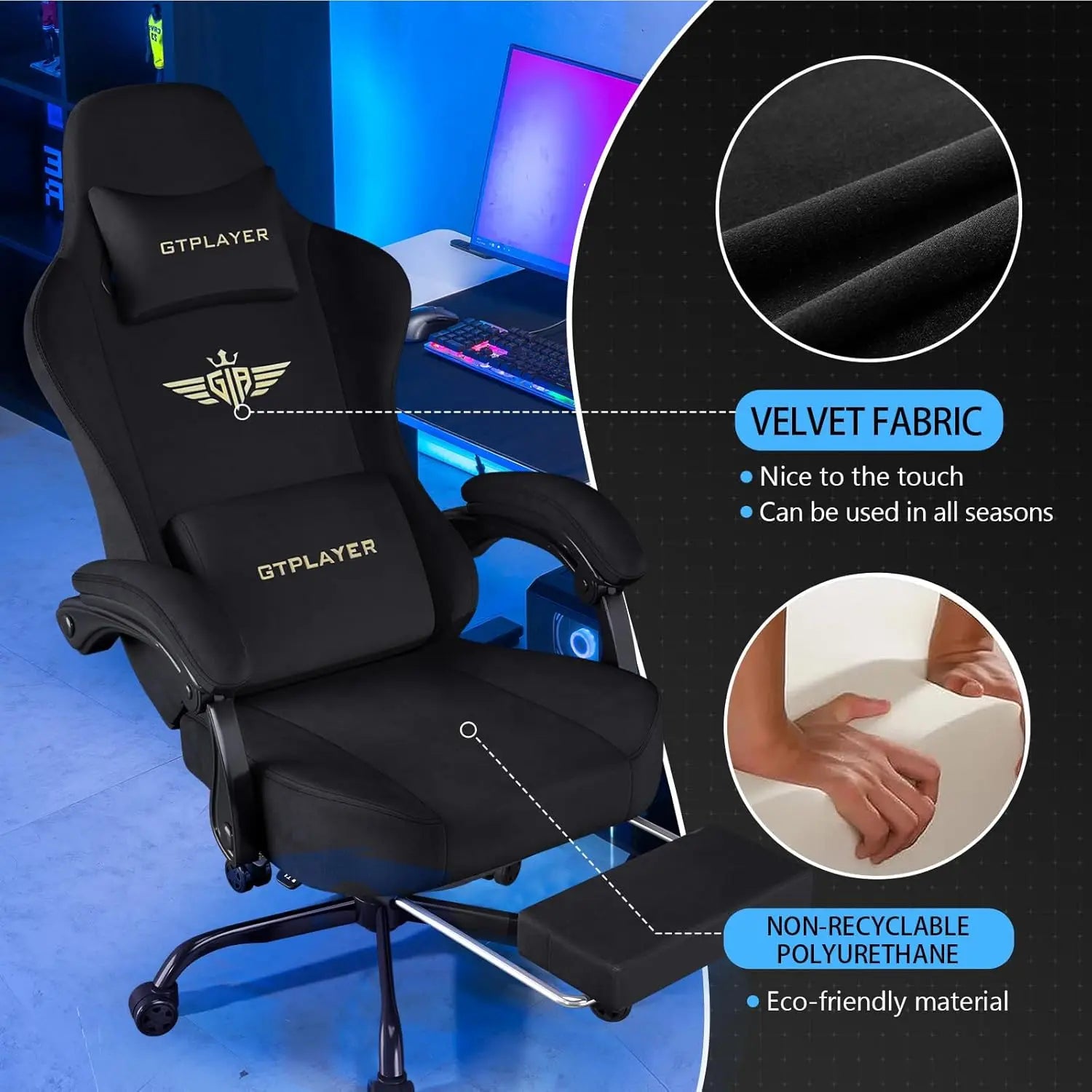 Fabric Gaming Chair with Pocket Spring Cushion, High Back Ergonomic Office Chair with Footrest and Lumbar Support for Adults