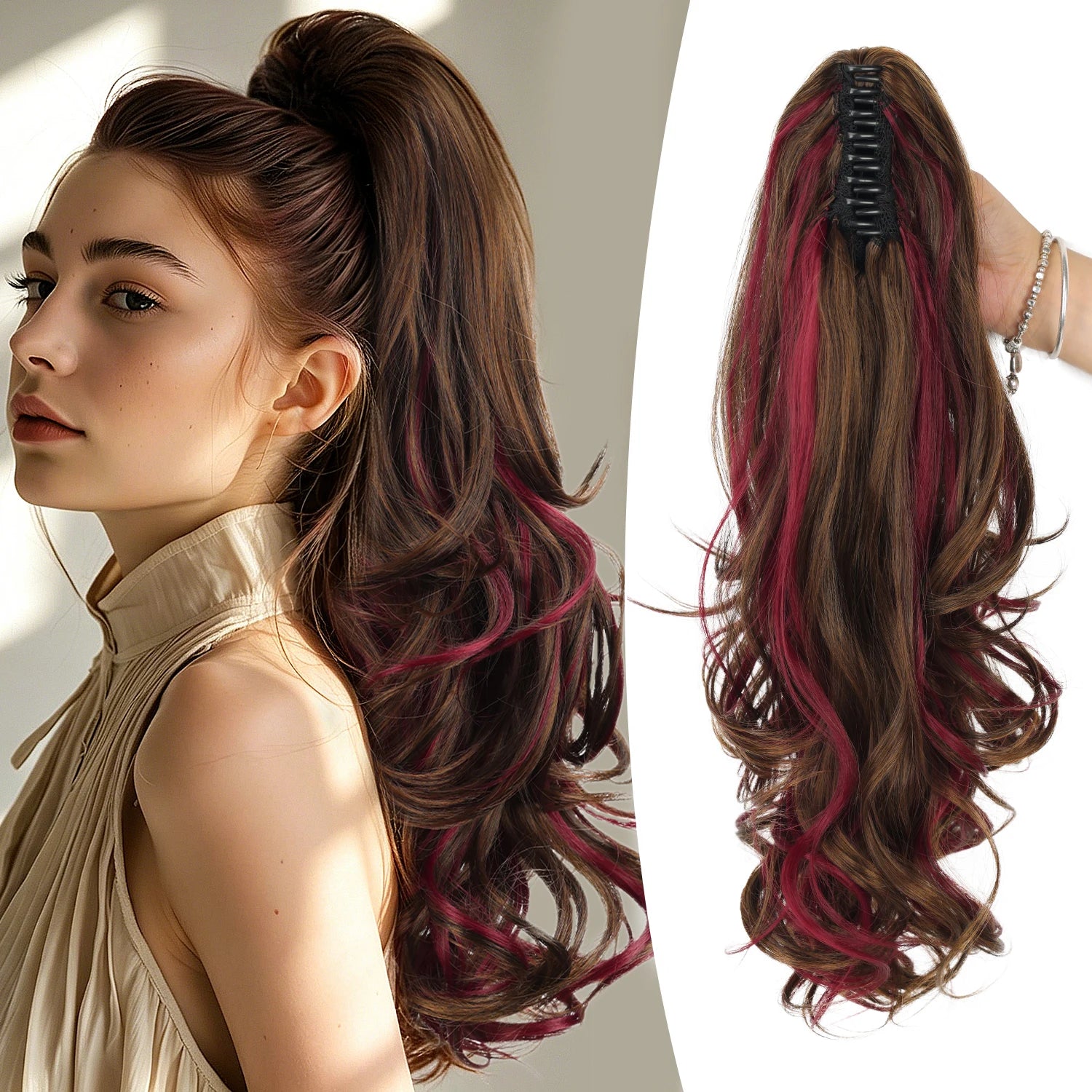 Synthetic Claw Ponytail Extensions 20inch Wavy Clip Claw Ponytail Hair for Women Ladies Daily Party Holiday | Kimlud Mid...