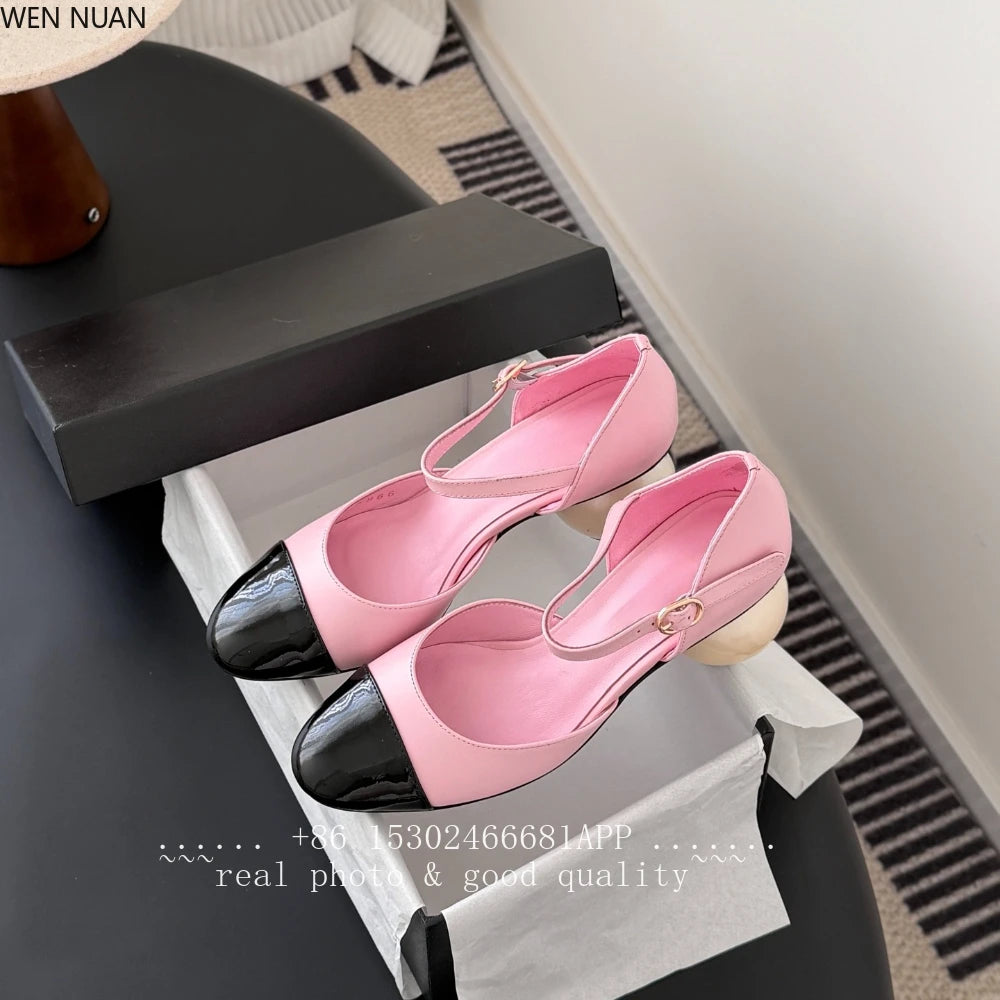 2026 New Genuine Leather Sandals Women Mary Jane Shoes Large Round Pearl Heels Buckle Strap Jane Women's Shoes Leather Side Open - Kimlud