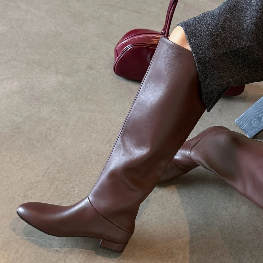 Women's genuine leather round toe slip-on flats autumn knee high boots casual female soft comfortable knight boots shoes woman