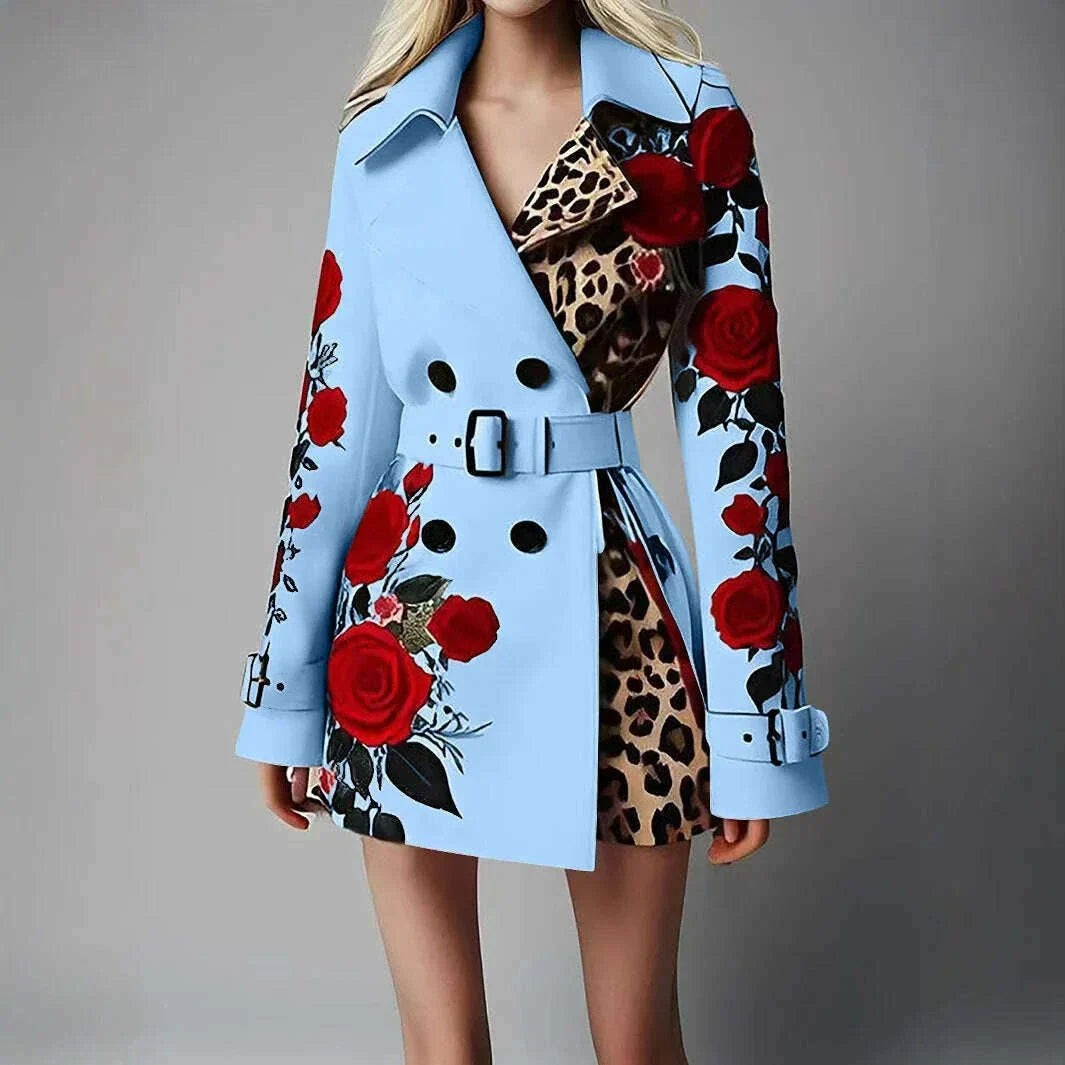 New Women's Spring Rose Leopard Print Suits Spring Office Elegant Slim Long Sleeve Coats Clothing With Belt For Women 2025 White