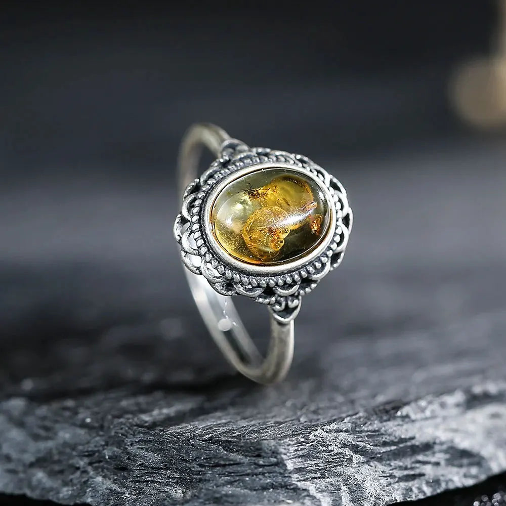 Adjustable Vintage 925 Sterling Silver Ring with Natural Amber, Retro Hollow Floral Design Gemstone Fine Jewelry for Women Man - Kimlud