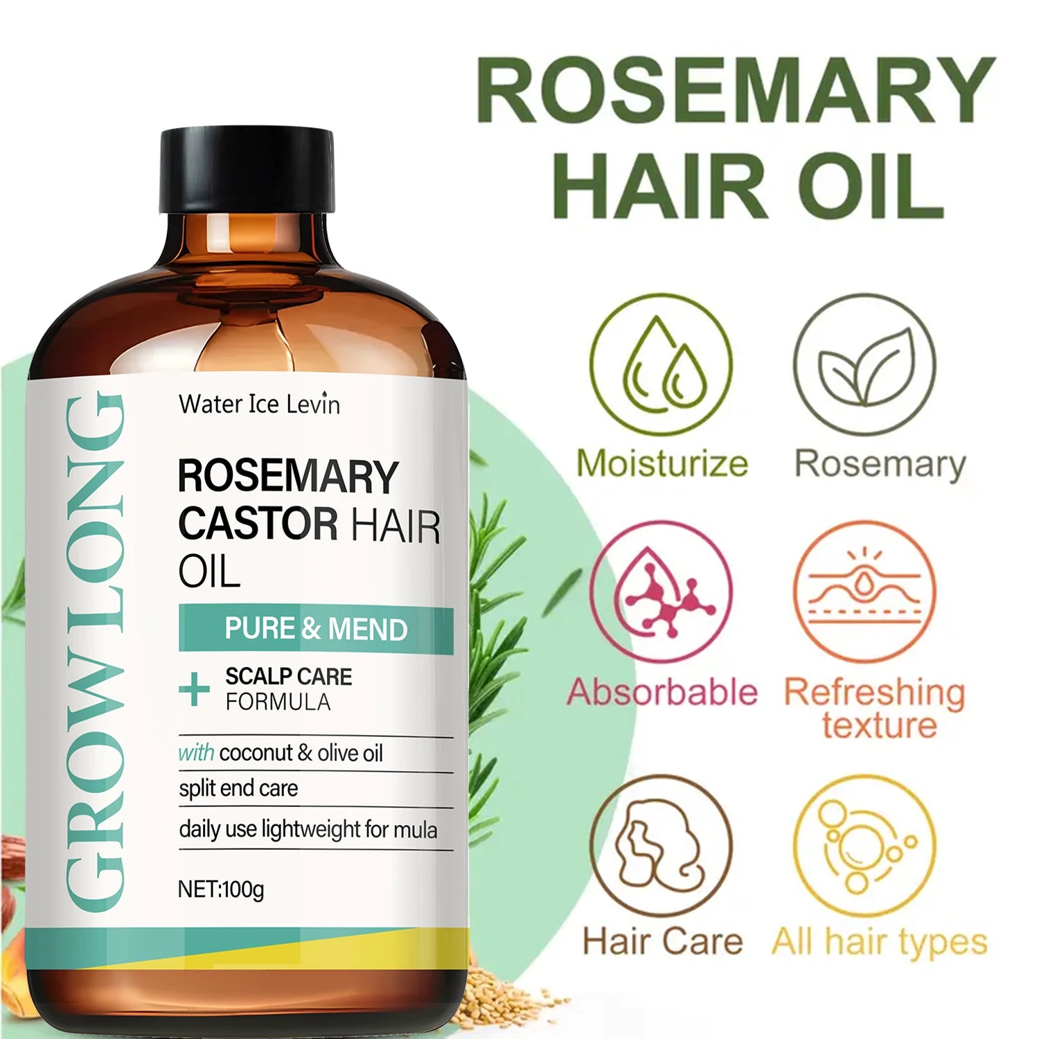 Rosemary Castor Hair Oil - Scalp Care & Split End Repair, Coconut Olive Oil Lightweight Blend, Winter Therapy | Kimlud...