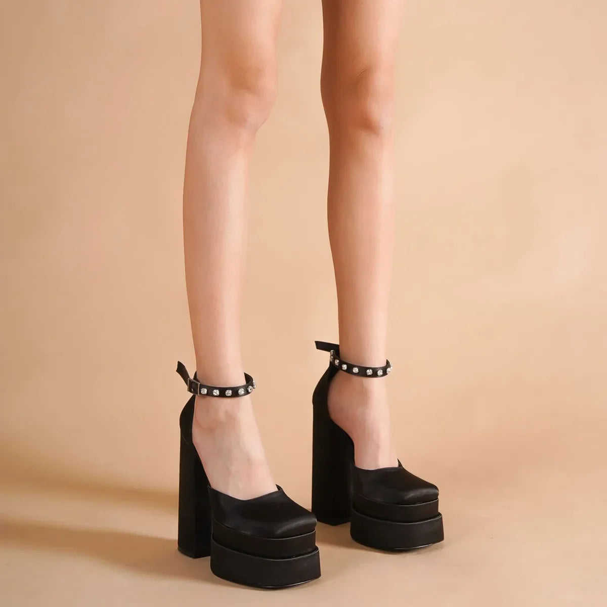 Round Toe Beige High Heels 2024 Basketball Platform Women's Shoes With Straps Sexy Pump 12cm Latest Buckle Casual Square Crossdr