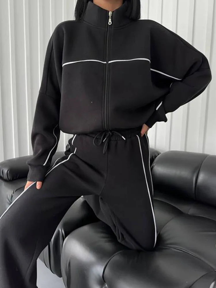 Zekye Women's Clothing Long-sleeved Semi-turtleneck Cardigan Sweater Strappy Striped Trousers Women's Suit Collection 2025 - Kimlud