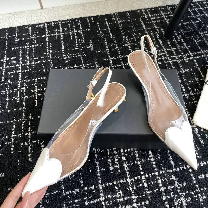 2025 New Pointy Peach Heart Fine Heel Shoes Sexy Pvc Transparent Film Black Patent Leather High Heel Overhead Sandals
