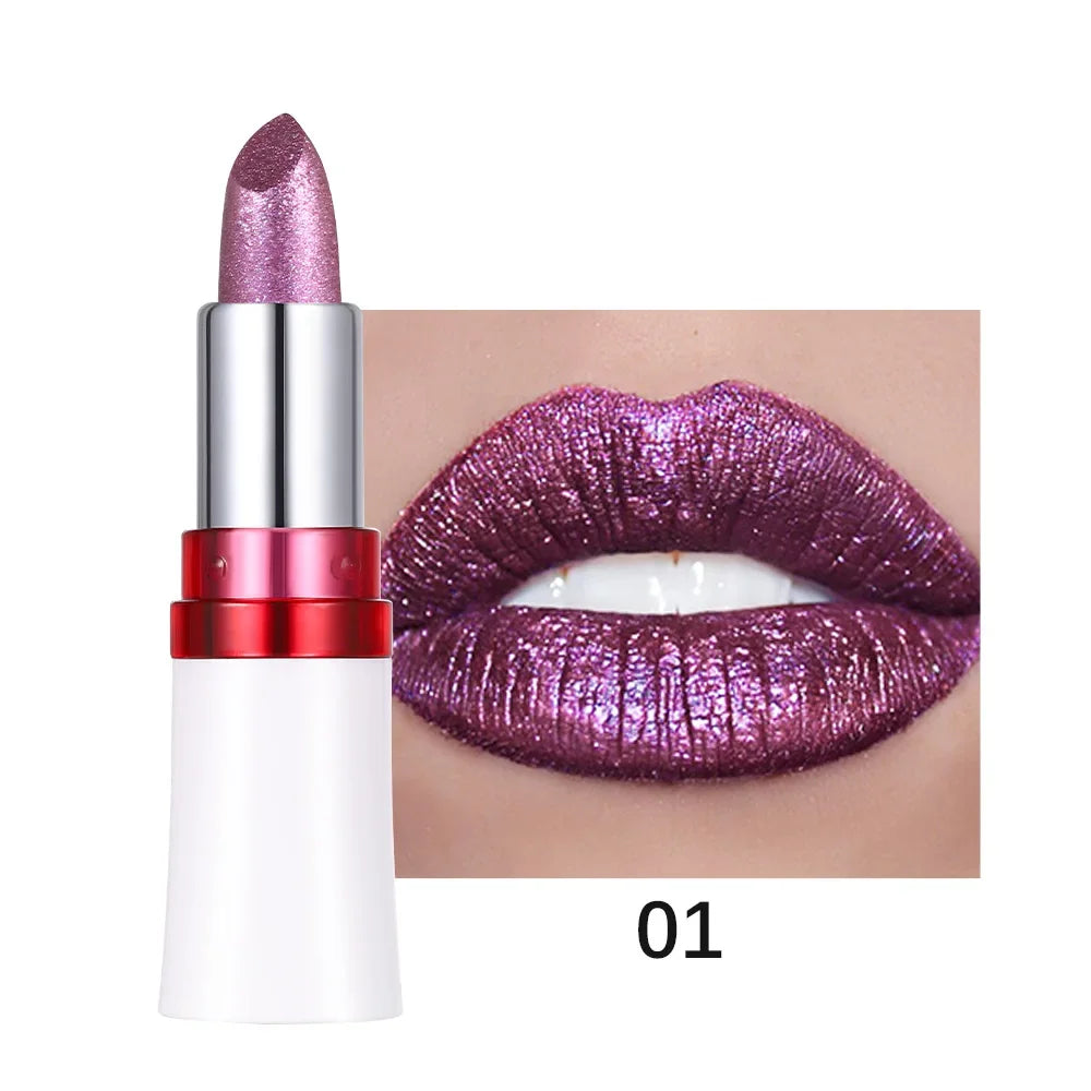 Rose Metallic Lipstick Glitter Lip Glaze Waterproof Long Lasting Moisturize Bright Red Pearlescent Shiny Lipgloss Makeup 6color