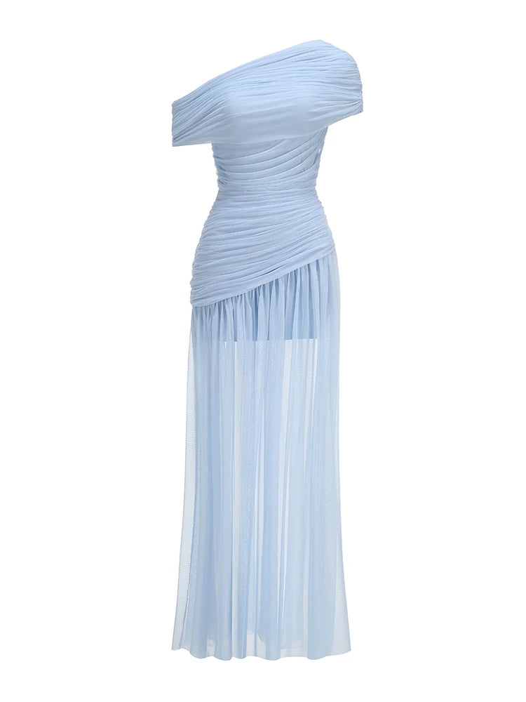 Sexy One Shoulder Mesh Ruched Long Dress Women Blue Brown Sleeveless Folds Slim Dresses Summer Celebrity Evening Party Gowns