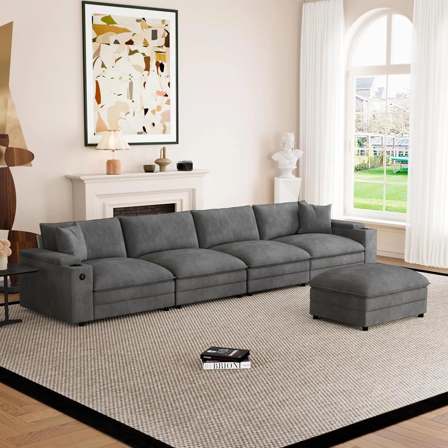 U-Shaped Sectional Sofa Ottoman Storage Armrest USB Ports Spring Cushion Solid Wood Chenille Living Room 115", Customized - Kimlud