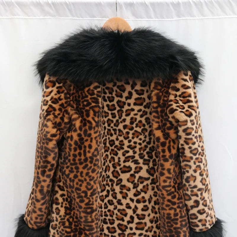 Women's leopard-print fur coat Long mink coat fox fur large fur collar winter trench coat loose and large size