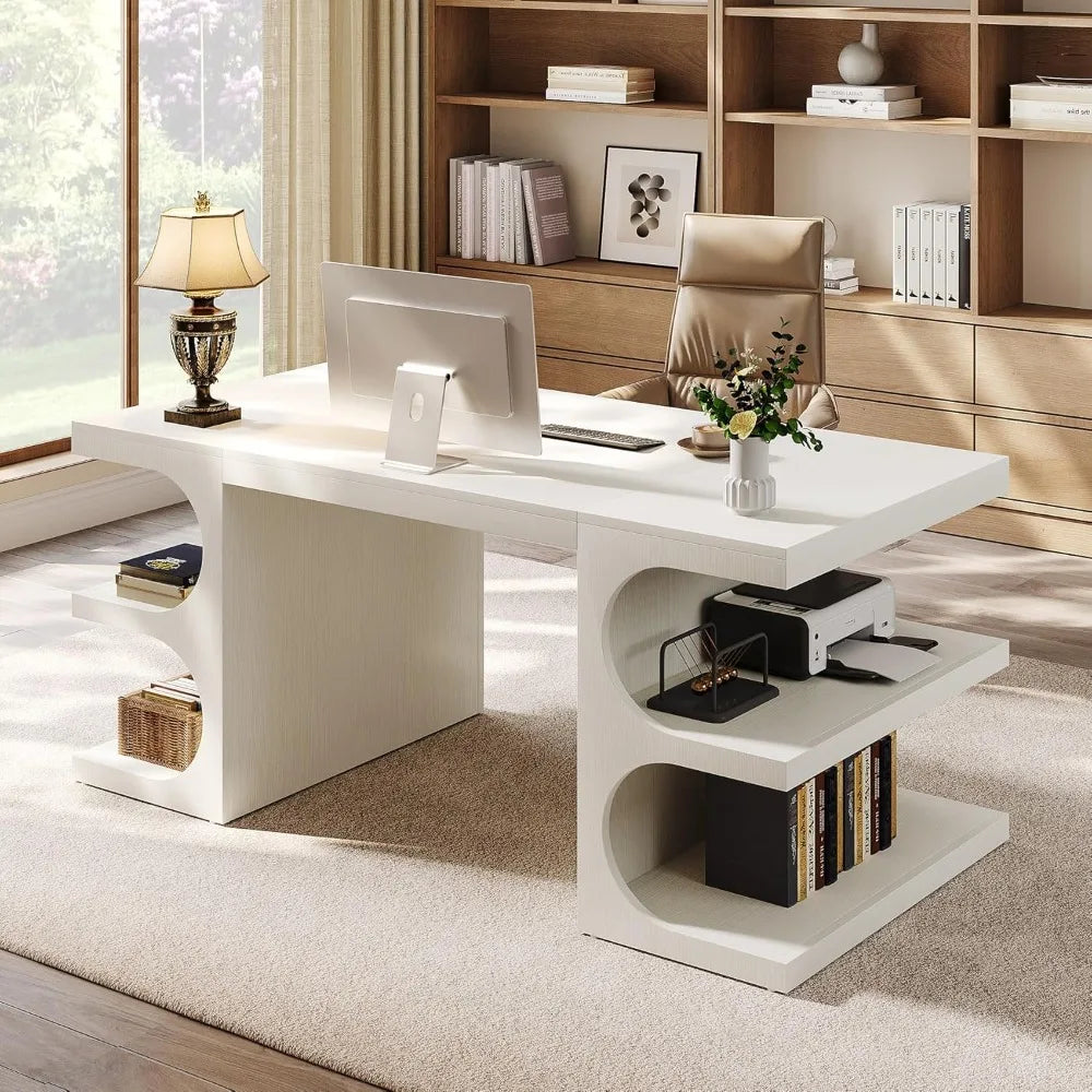 Office Desk, 63" Computer Desk with Storage Shelves, Modern Wood Study Writing Table, Large Workstation Business Furniture - Kimlud