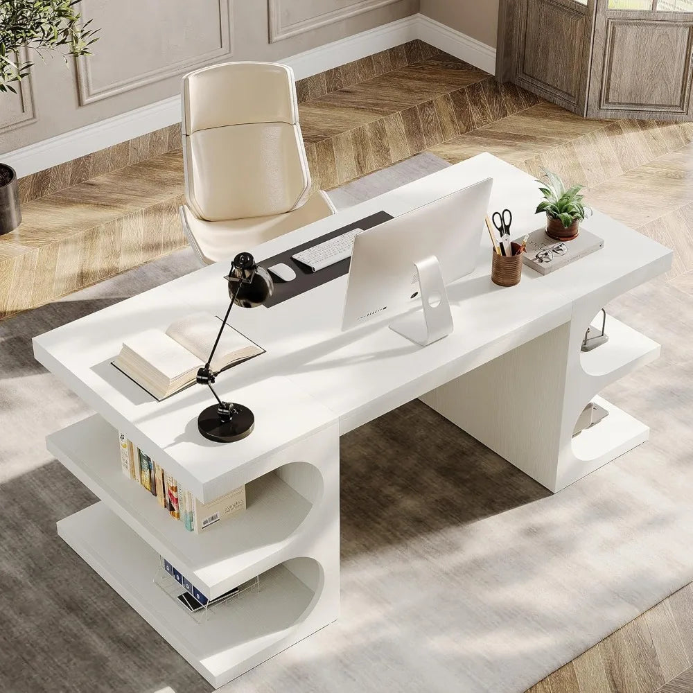 Office Desk, 63" Computer Desk with Storage Shelves, Modern Wood Study Writing Table, Large Workstation Business Furniture - Kimlud