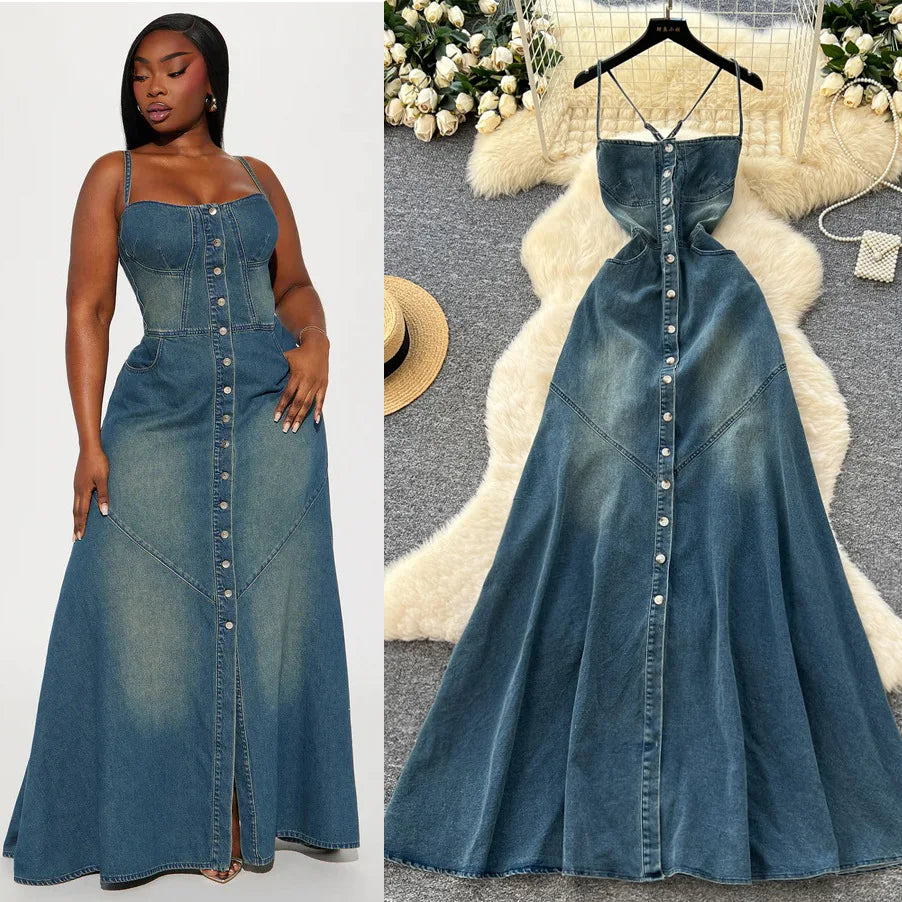 Long Dress Women Denim Dresses Sling Strapless A Line Vestidos Y2k Streetwear Sleeveless Sexy Elegant Party Night Work 2026 - Kimlud