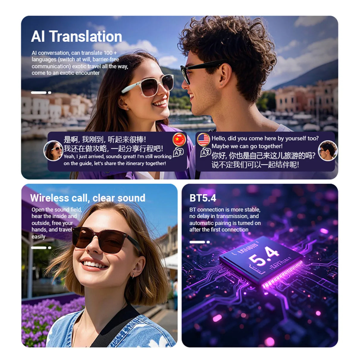 Smart Glasses AI Assistant Real Time Translation Receive Call Listen Songs Dialogue Translation Anti-Blue Llight Smart Eyeglasse