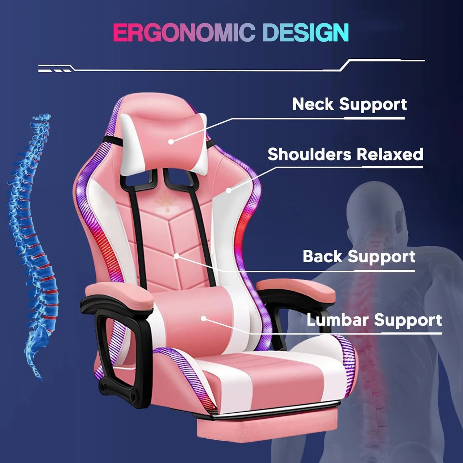 Gaming Chair with Speakers & RGB LED Lights Ergonomic Computer Gaming Chair with Footrest Music Video Game Chair