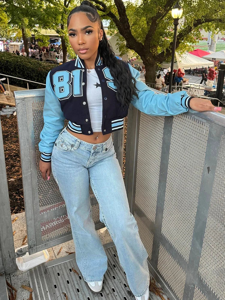 Nibber Sporty Jacket Woman Contrast Patchwork Baseball Autumn Trend Letter Print Single-Breasted Full Sleeve Casual Style Coats