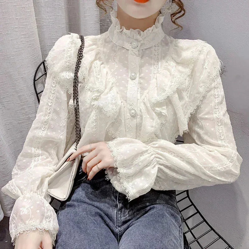 Long Sleeve Loose Spring Fashion Button White Shirt Elegant Stand Collar Pleated Tops Casual Ruffle Lace Blouse Blusas 15832 - Kimlud