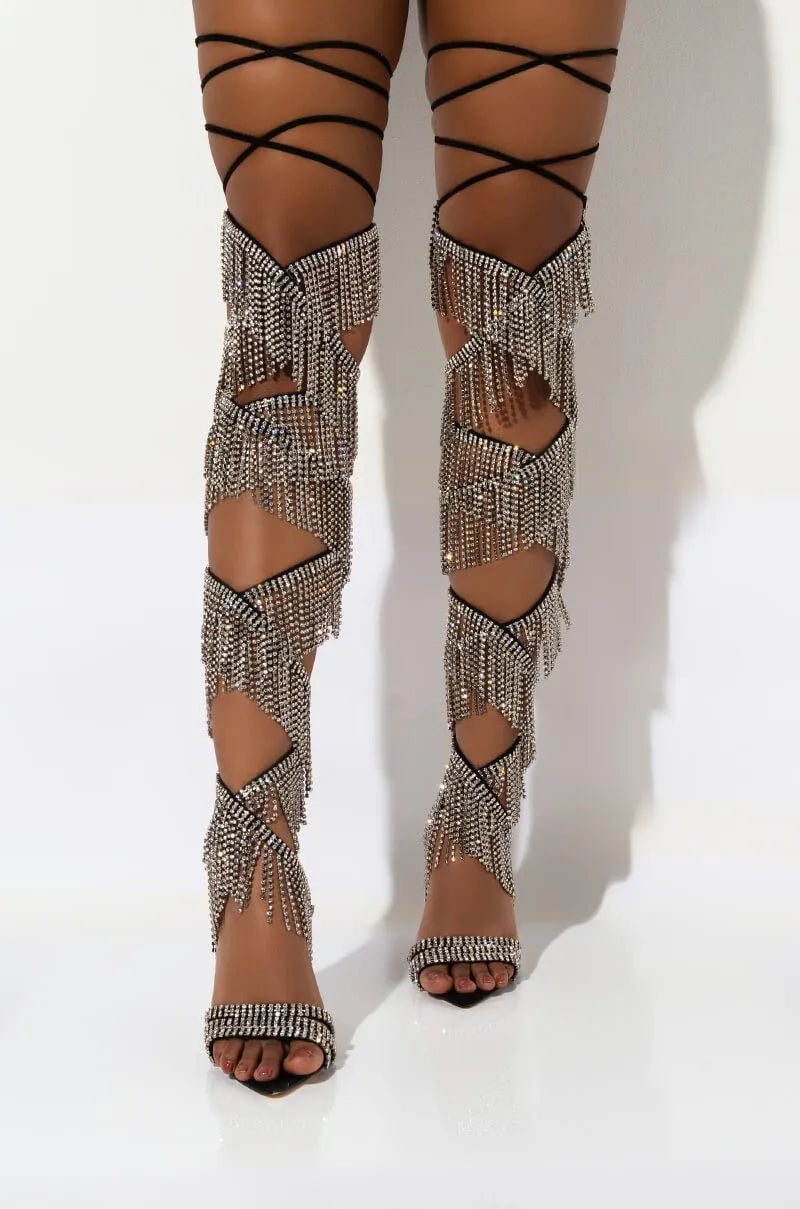 Summer Bling Rhinestone Chains Tassel Cross-tied Thigh Sandals Boots Fringe Crystal Strappy Lace-up Woman Cutout Over Knee Boots