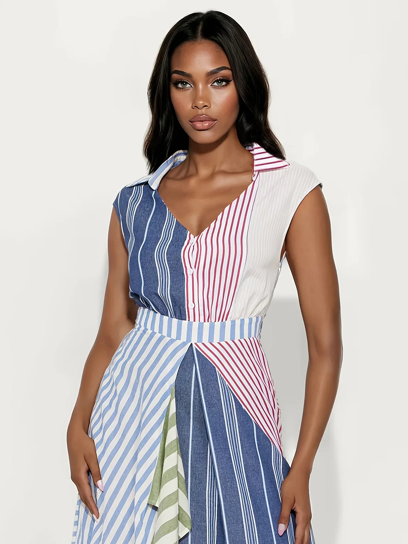 Personality Contrast Color Stitching Striped Dress Women's Summer Fashion Irregular Waist V-neck Sleeveless Commuting Dresses - Kimlud