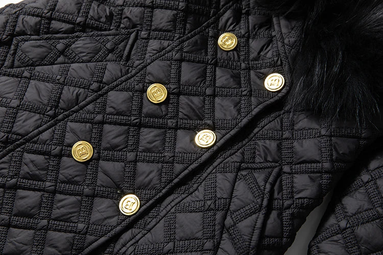 DSXDFACAIRIJ Women Color Blocking Fur Collar Long Sleeves Lace-Up High Street Double Breasted Geometric Outerwear Winter...