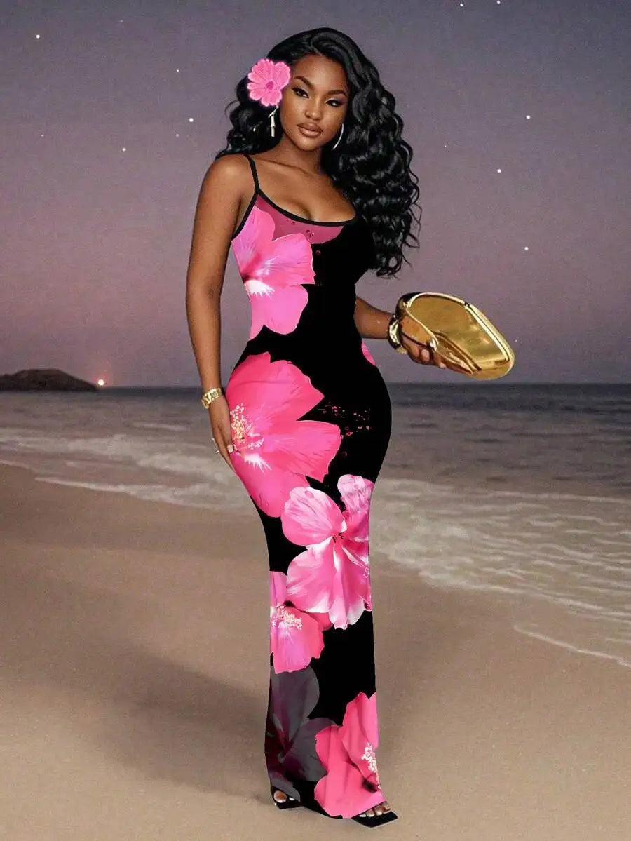 Womens Floral Print Elegant Waist Cinched Long Strap Dress For Party,Summer Dresses For Women