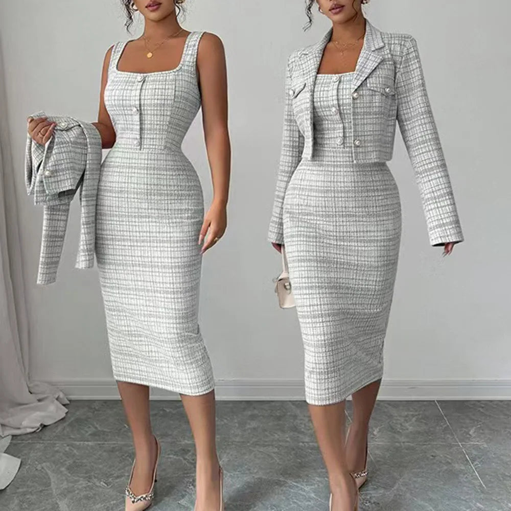 2026 European and American Two-Piece Dress Set with Reversible Collar, Long Sleeves, Short Length, Check Pattern Jacket, and Pet