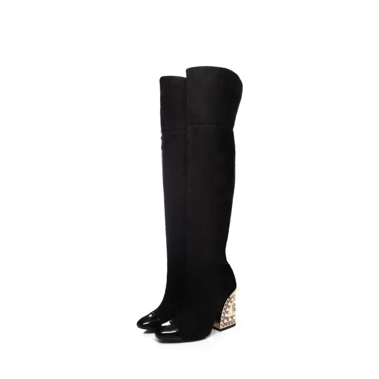 Colored Rhinestone Cowhide Mid Tube/knee Length Boots Thick Heeled Square Toe Black Gold Runway Runway Performance High Heels
