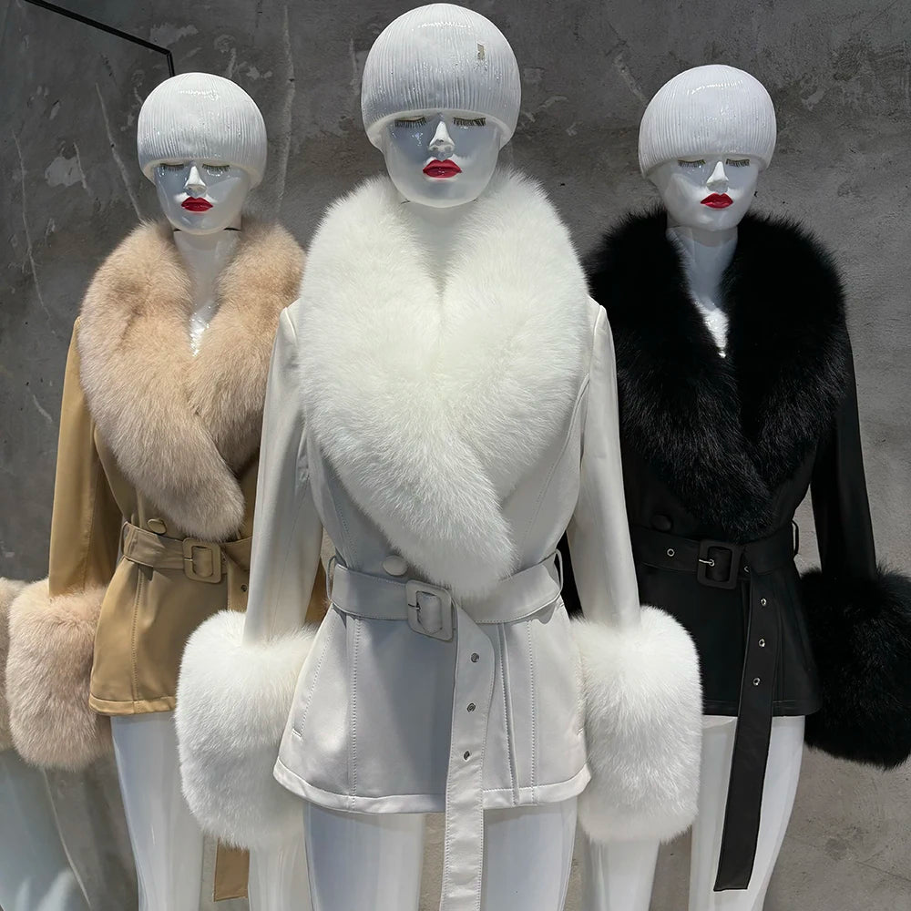 YOLOAgain Women's Real Fox Fur Collar Sheepskin Leather Jacket Coat Autumn 2024