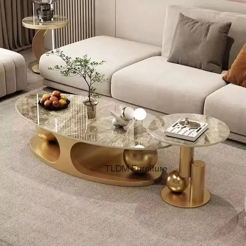 Iron Rock Plate Coffee Tables Nordic Living Room Furniture Home Italian Art Corner Table Light Bright Luxury Oval Side Table Set - Kimlud
