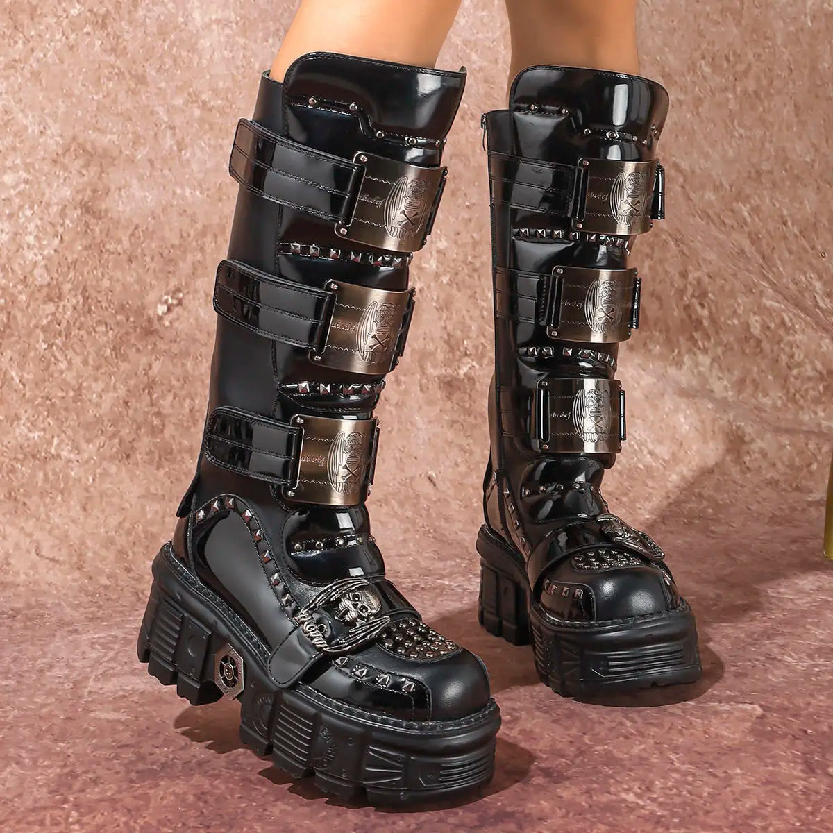 2025 WoMen's Thick-soled Premium Metal Dark Long Lightweight Rock Punk Mid-height Platform Chelsea Boots