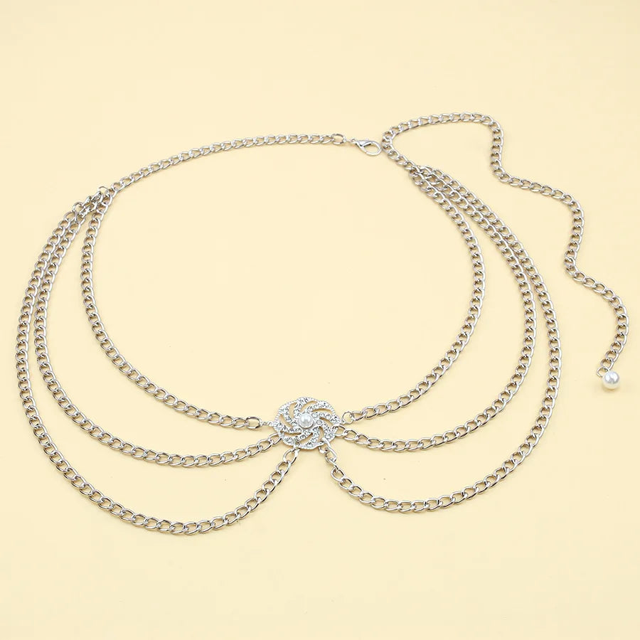 versatile multi-layer disc inlaid with diamond pearl waist chain new style tunic decorative metal belt for women - Kimlud