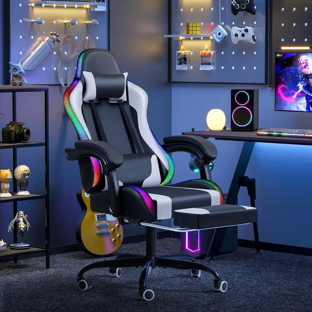 Illuminated RGB Gaming Chair with Footrest, Massage, Lumbar Support, and High-Back Recline (White LED)