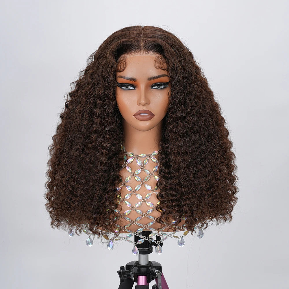 Chocolate Brown Deep Wave Glueless Wigs Human Hair Ready To Wear Pre-Cut Lace Wig 5x5 Wear Go Glueless Human Hair Wigs...