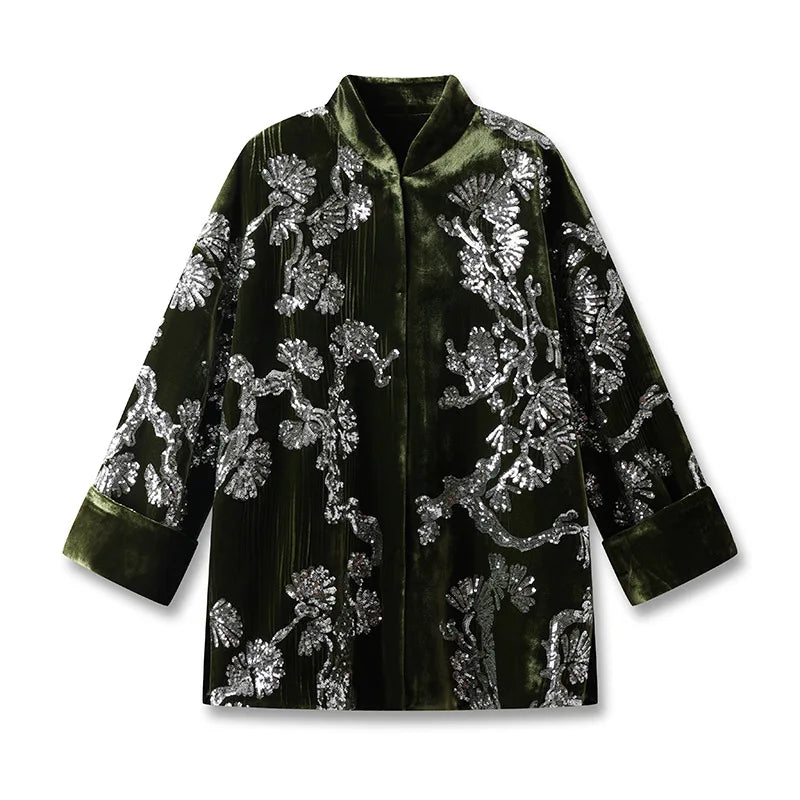 Spring and Autumn New Chinese Style Stand Collar Velvet Hidden Button Coat Elegant Flower Branch +Sparkling Jacquard Jacket S-L