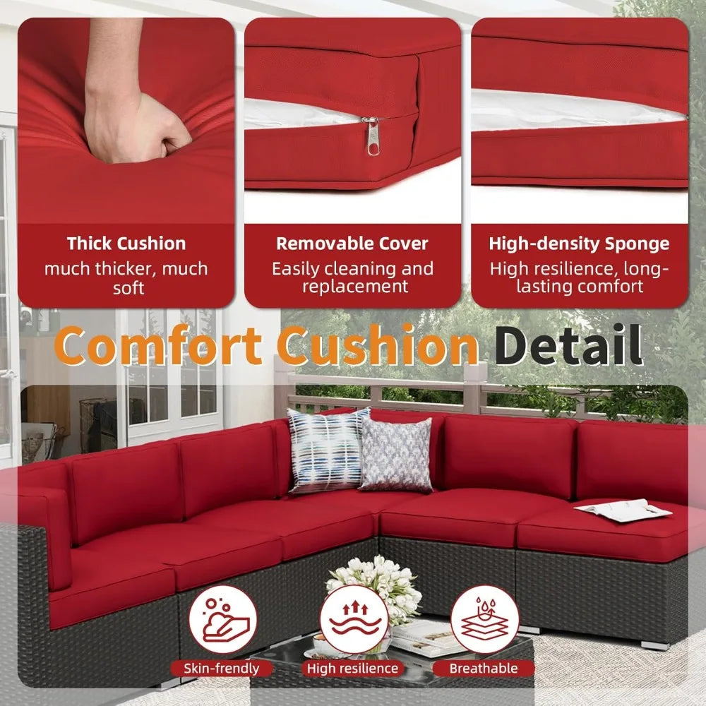 7-Piece Outdoor Patio Furniture Sofa Set Black Rattan Wicker Sectional Conversation Sets with Glass Top Table and Cushions(Red)