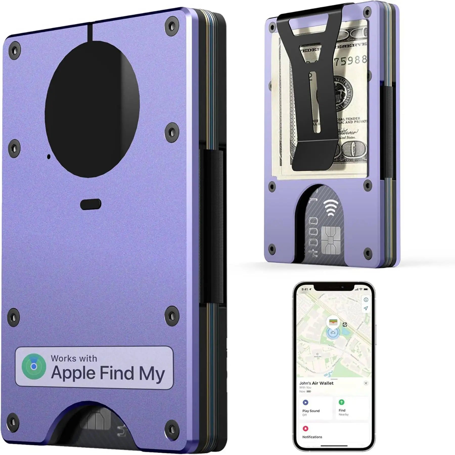 Wallet with Built in Airtag Chip, RFID Blocking Credit Card Holder, Compatible with Find My iOS Only, Detachable Money Clip