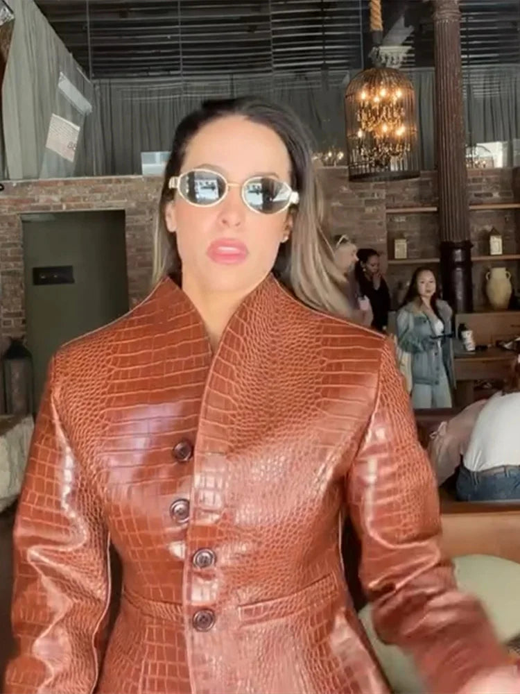 2026 Autumn Women Embossed Faux Leather Jacket Stand Collar Open Front Slim Fitted Waist Vintage Street Party Outerwear...
