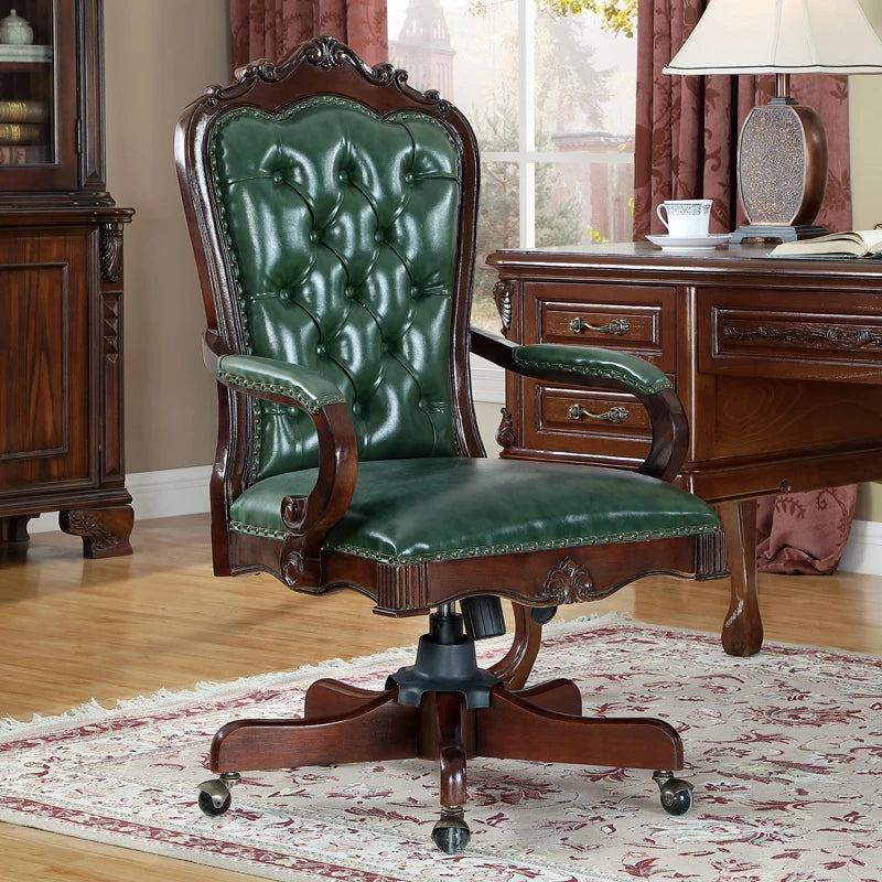 12American Genuine Leather Retro Carved Solid Wood Swivel Chair Office Chair Lift | Kimlud Vintage Luxury Home
